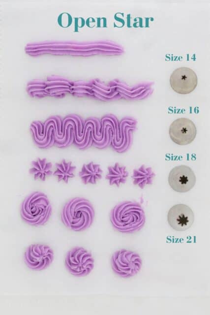 Examples of various buttercream designs made using open star piping tips in different sizes.