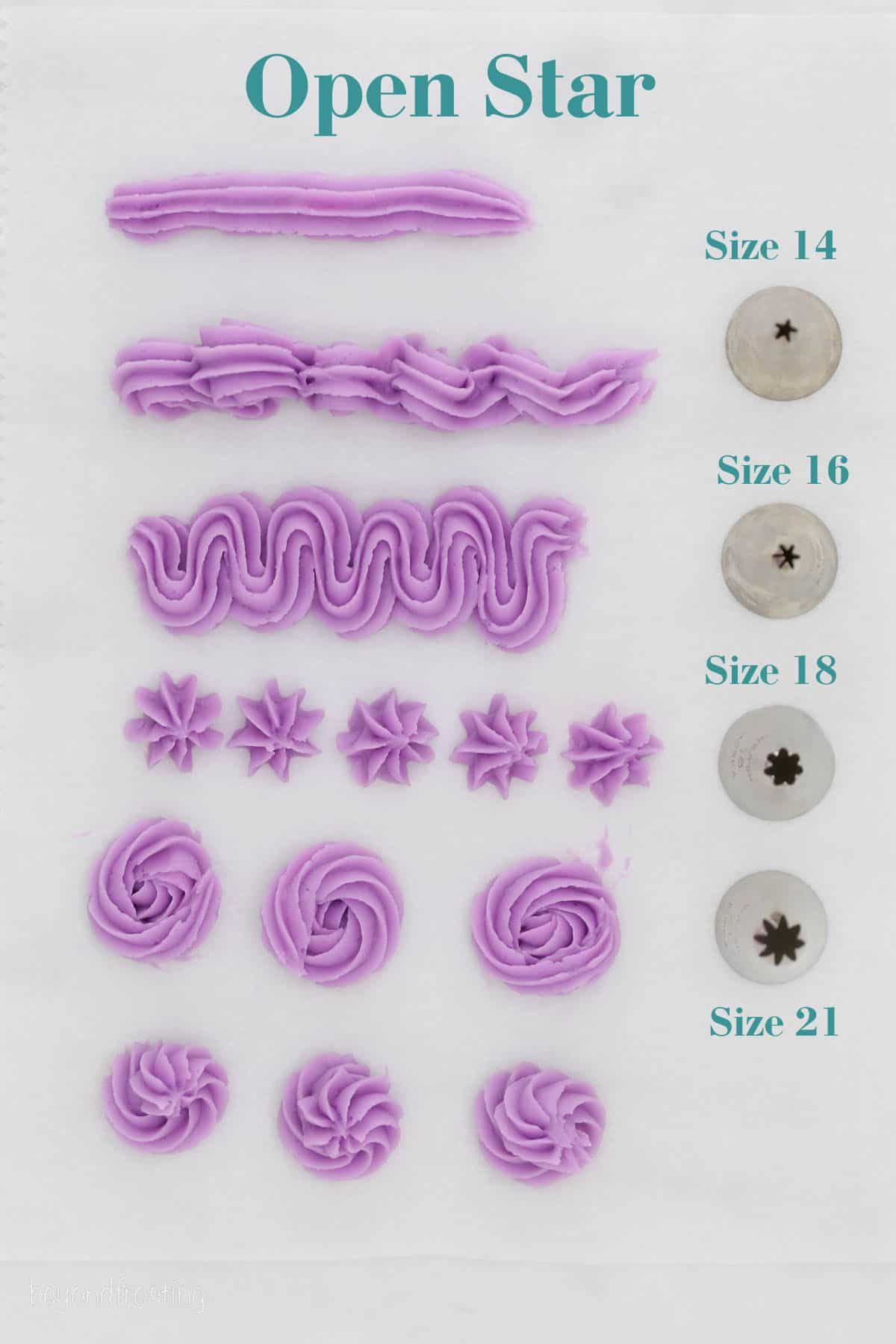 Learn about different piping tips, including star, round, petal, and basketweave, plus how to use them to decorate cakes, cupcakes, and more. Examples of various buttercream designs made using open star piping tips in different sizes.