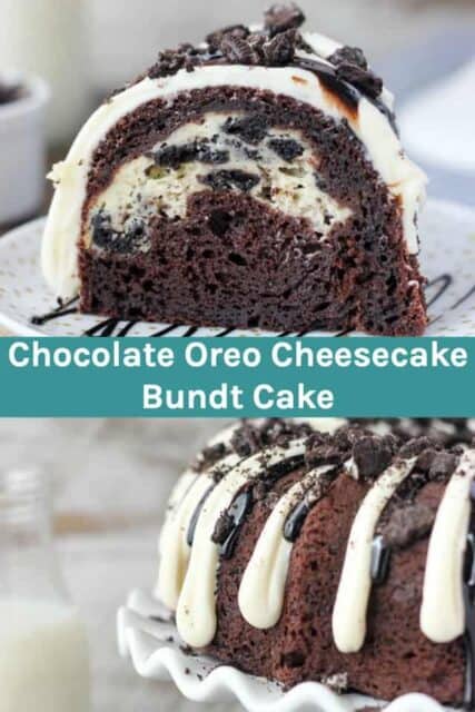 Two images of an Oreo chocolate bundt cake with text overlay
