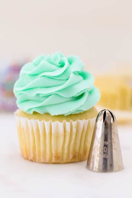 A cupcake frosted with a swirl of teal buttercream piped from a 2D piping tip.