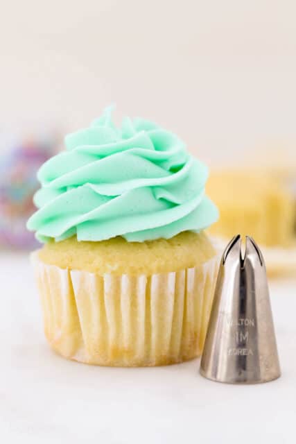 A cupcake frosted with a swirl of teal buttercream piped from a 1M piping tip.