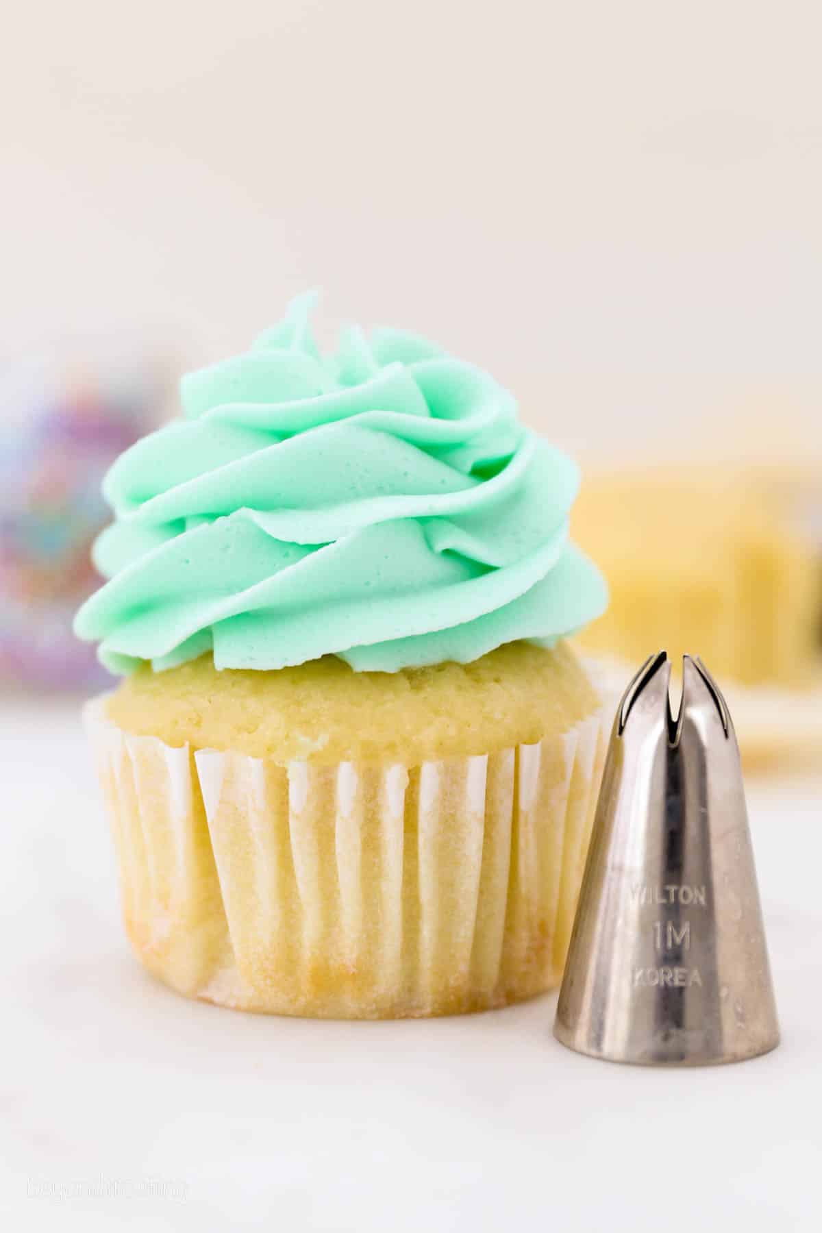 Learn about different piping tips, including star, round, petal, and basketweave, plus how to use them to decorate cakes, cupcakes, and more. A cupcake frosted with a swirl of teal buttercream piped from a 1M piping tip.