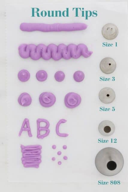 Examples of various buttercream designs made using round piping tips in different sizes.