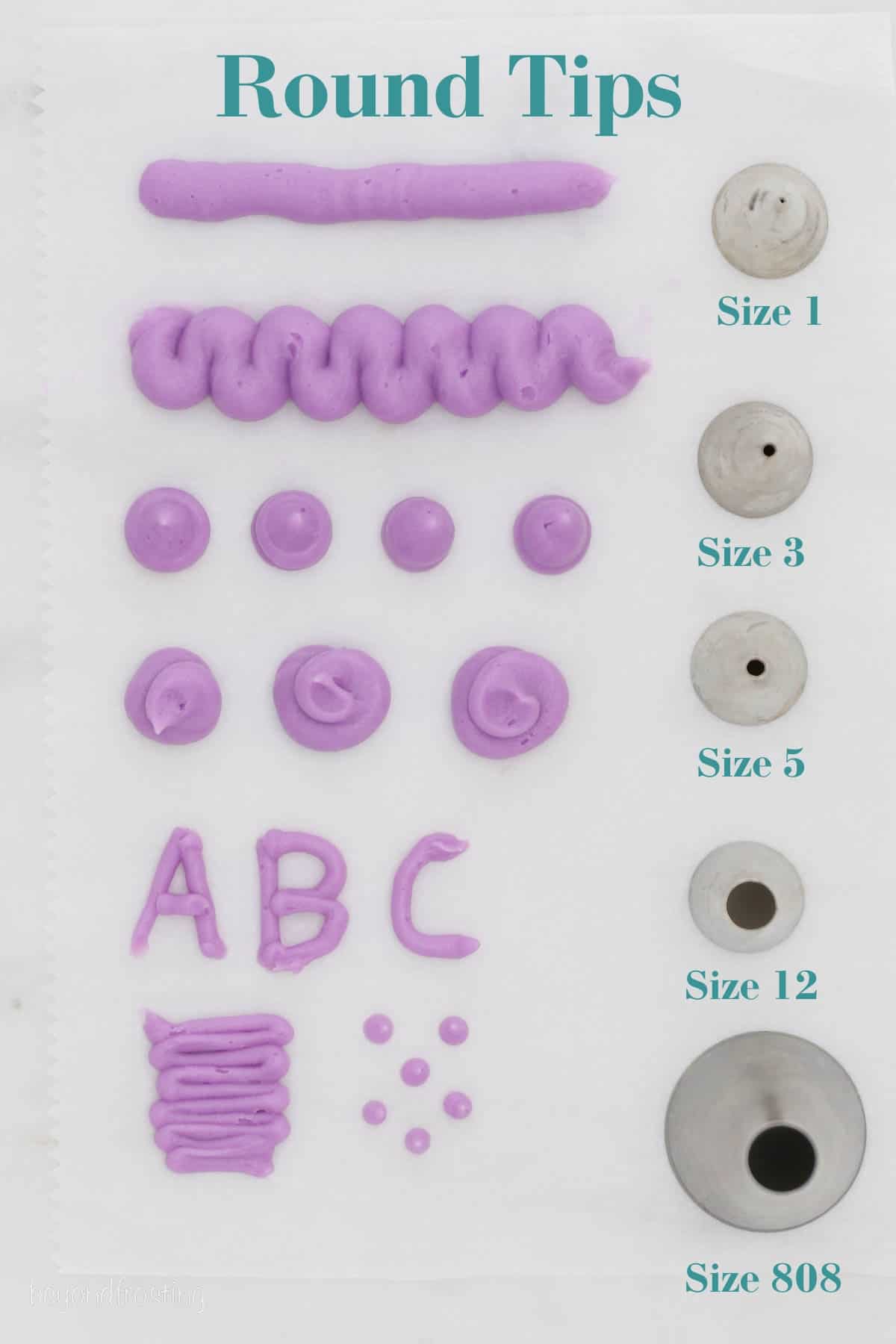 Learn about different piping tips, including star, round, petal, and basketweave, plus how to use them to decorate cakes, cupcakes, and more. Examples of various buttercream designs made using round piping tips in different sizes.