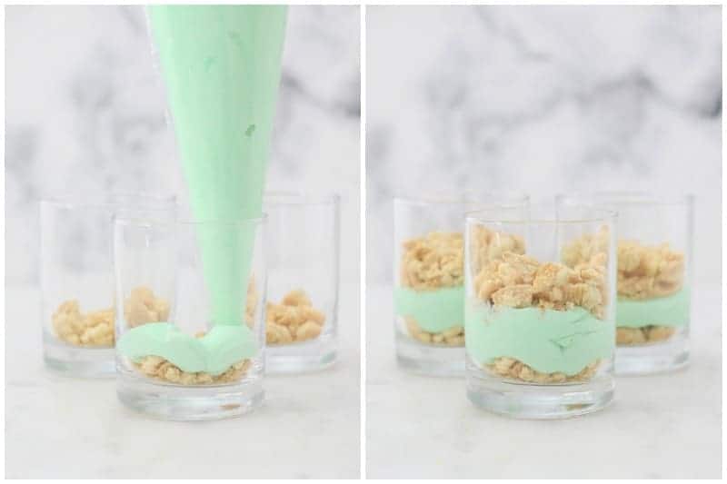 A side by side photo showing the process of how to build parfait cups