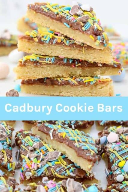 Two pictures of Easter cookie bars with text