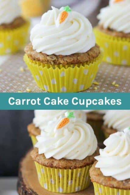 Two images of Carrot Cake Cupcakes with text overlay