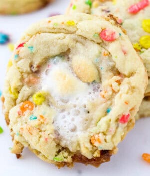 Close up of a Fruity Pebble Marshmallow cookie