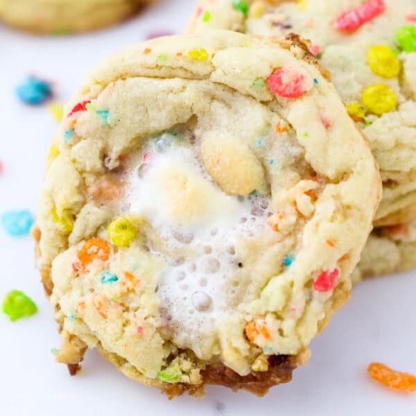 Close up of a Fruity Pebble Marshmallow cookie