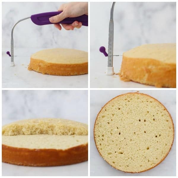 A collage of 4 images showing how to level a cake layer