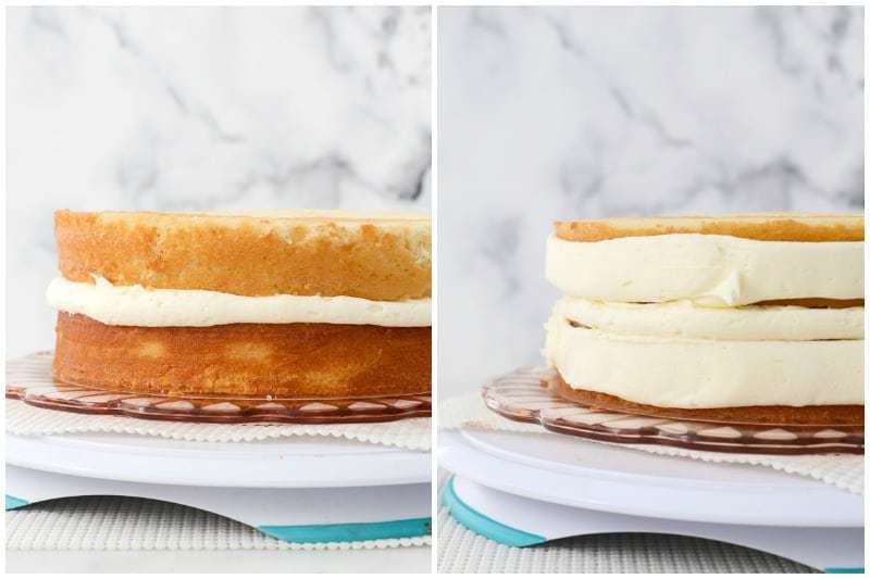 two side by side images showing how to frost a layer cake