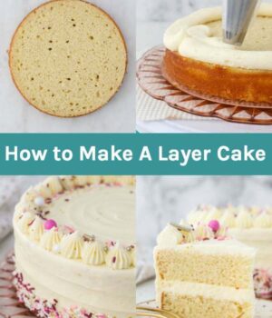 A collage with 4 images for making a cake