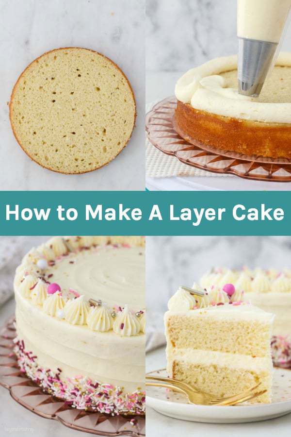 A collage with 4 images for making a cake