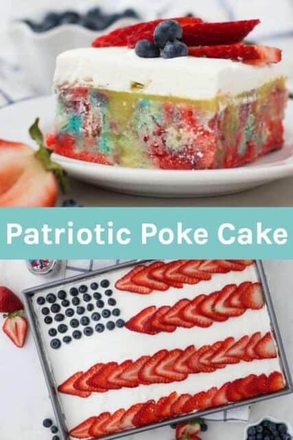 Two images of a patriotic cake with a text overlay