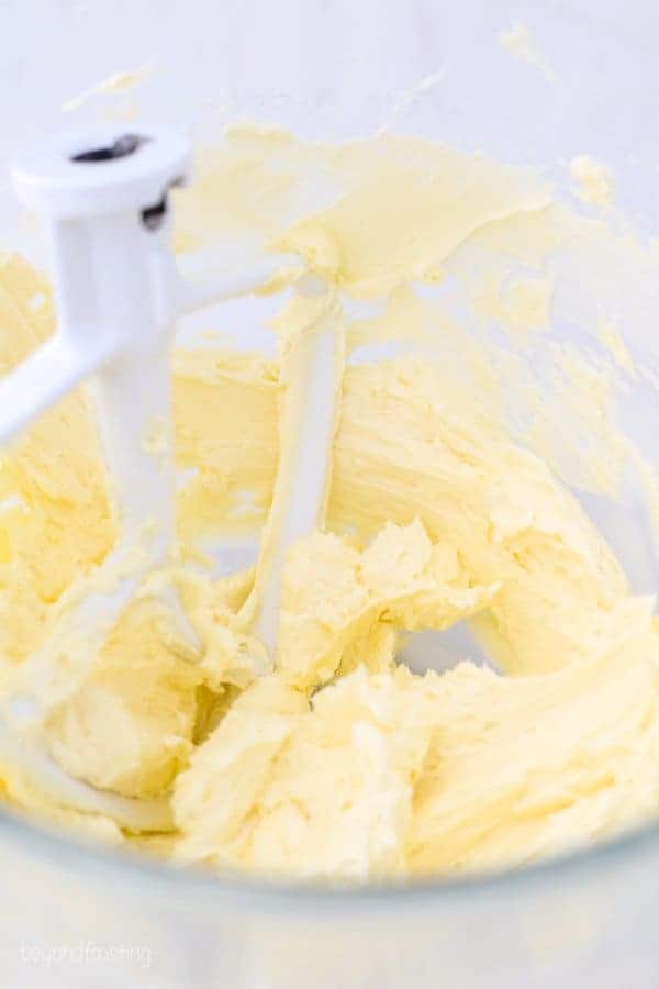 A mixing bowl full of whipped butter