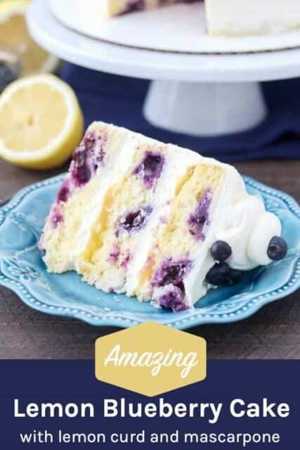 A slice of lemon blueberry cake on a teal plate with text overlay