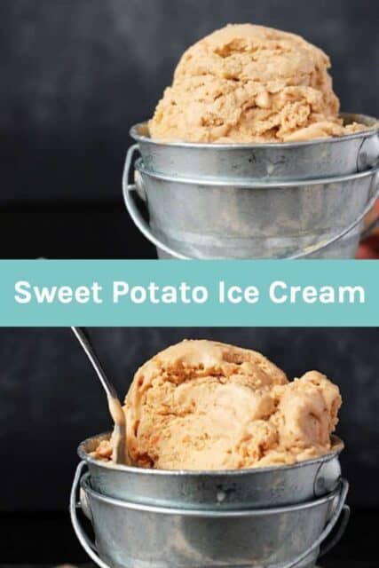 A collage of 2 images of sweet potato ice cream with text overlay