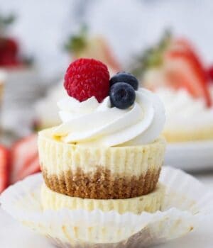 two stacked, unwrapped mini cheesecakes with fruit on top