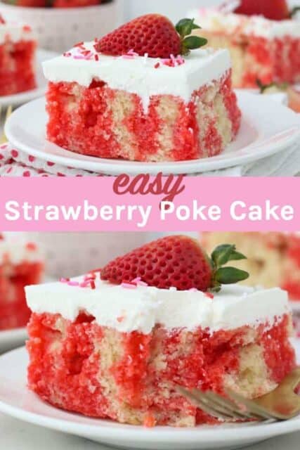 two images of of a jello poke cake with text overlay
