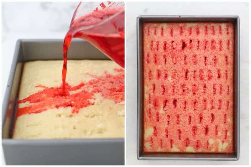 two side by side images showing a jello mixture being poured over a cake