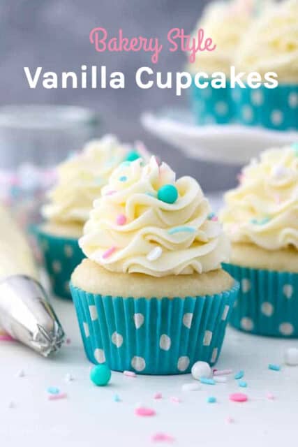 A picture of a vanilla cupcake with vanilla frosting and the text overlay