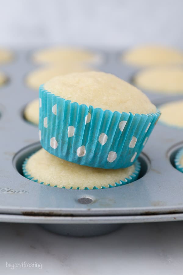 Cupcakes in a pan with teal polka dot liners