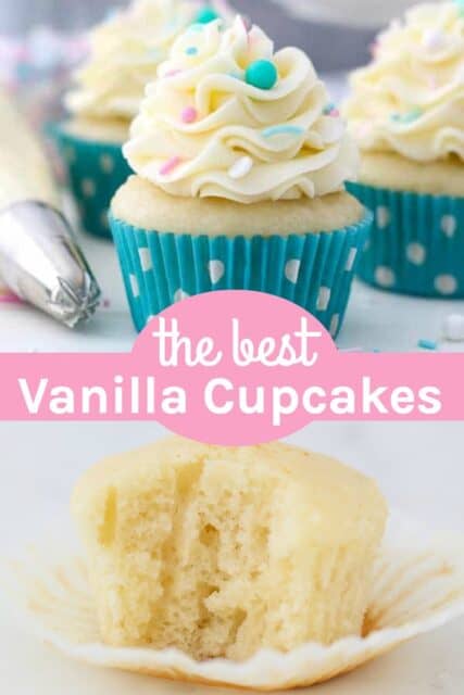 A picture of a vanilla cupcake with vanilla frosting and a text overlay