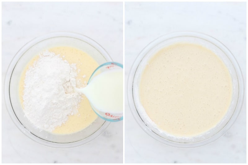 two side by side images showing the process of making a vanilla cake batter