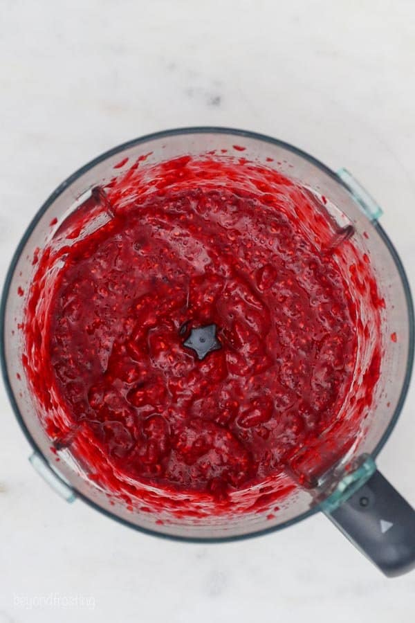 a food processor with pureed raspberries