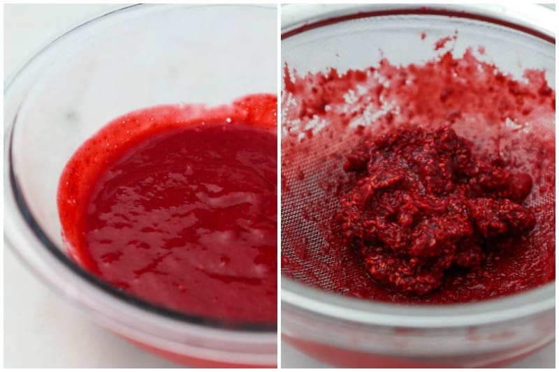 two side by side images showing how to separate the seeds from raspberry puree