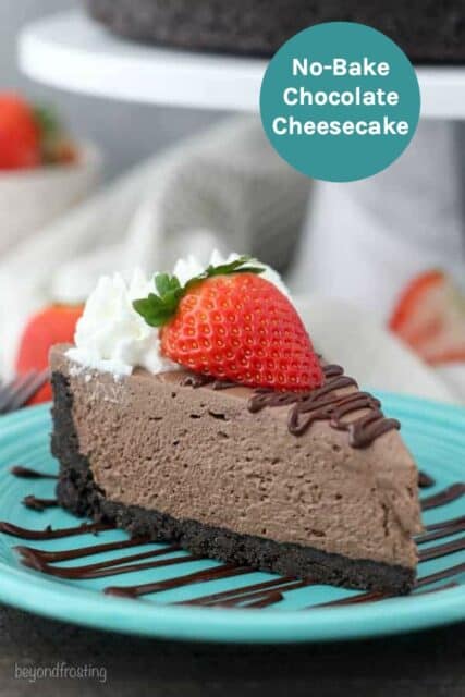 a slice of chocolate cheesecake with a text overlay