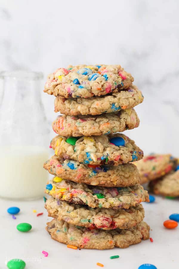 A giant stack of MnM oatmeal cookies