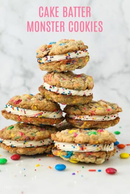 A picture of Stacked oatmeal cookie sandwiches with a text overlay