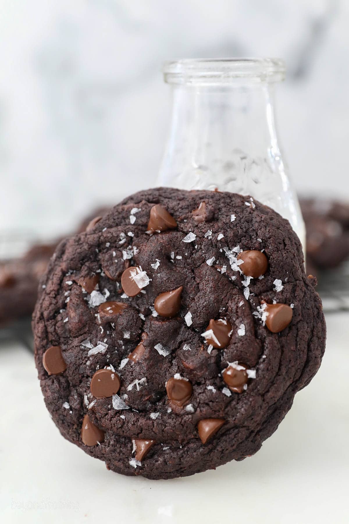 A giant chocolate cookie sprinkled with flaked sea salt leaning against a glass of milk.