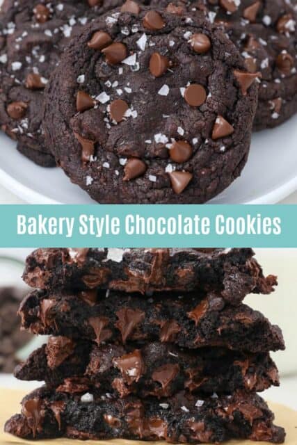 two images of chocolate chocolate chip cookies with a text overlay