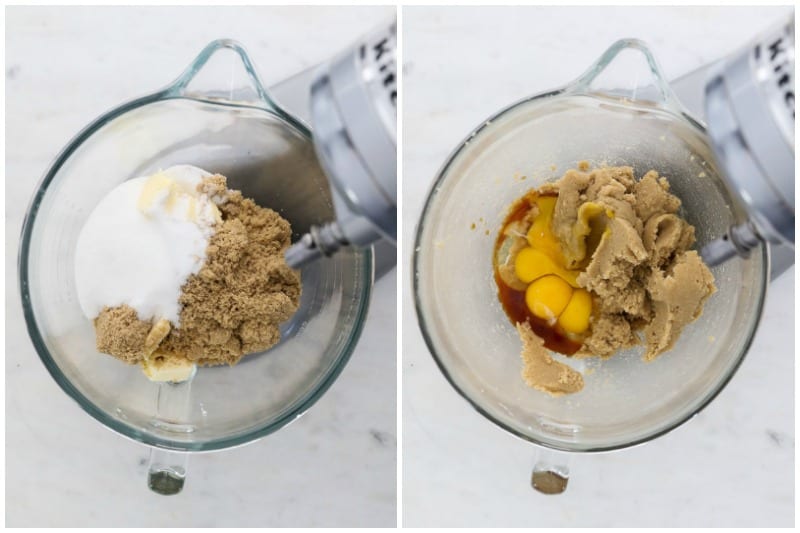 two side by side images of a mixing bowl showing the process of making cookies