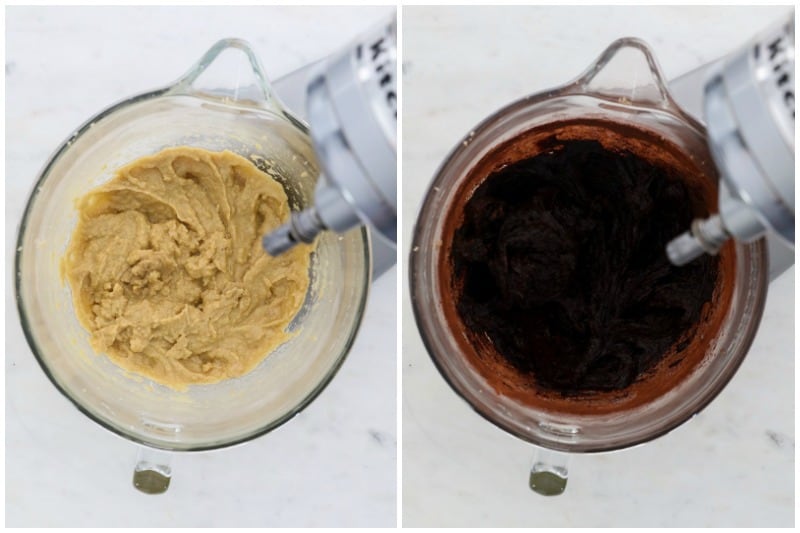 two side by side images of a mixing bowl showing the process of making cookies