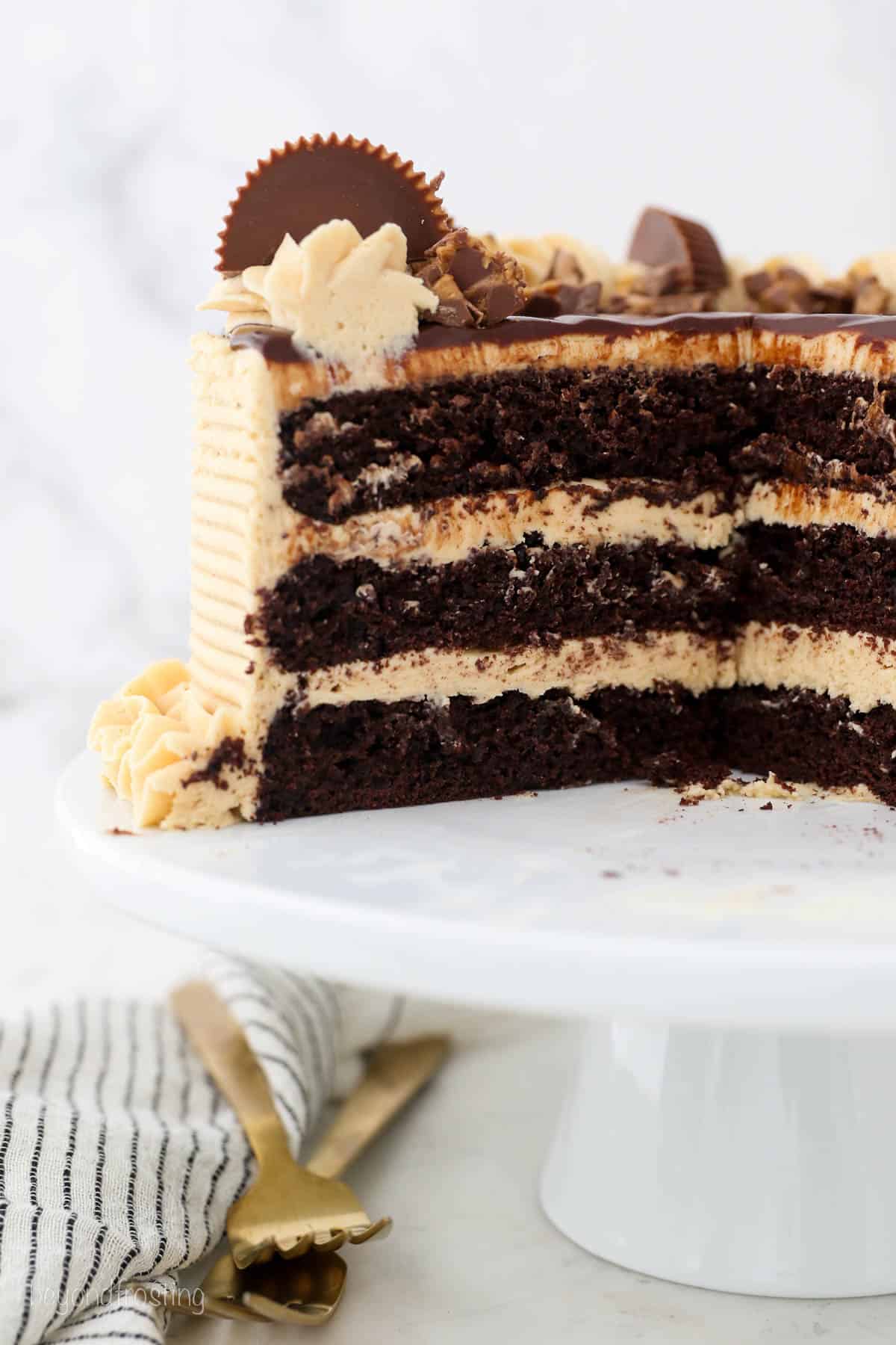 Half of a frosted chocolate peanut butter layer cake on a white cake stand.