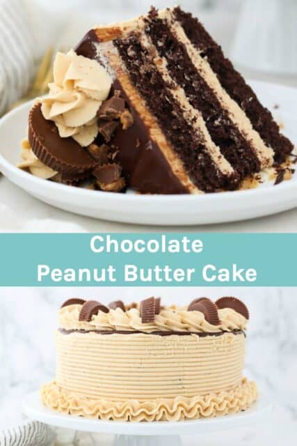 two images of a chocolate cake with peanut butter frosting and a text overlay