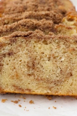 A loaf of cinnamon sugar bread cut into slices.
