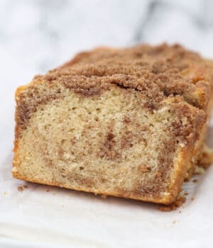 slices of cinnamon sugar quick bread on parchment paper