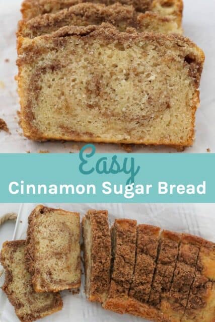 two images of cinnamon sugar quick bread with text overlay