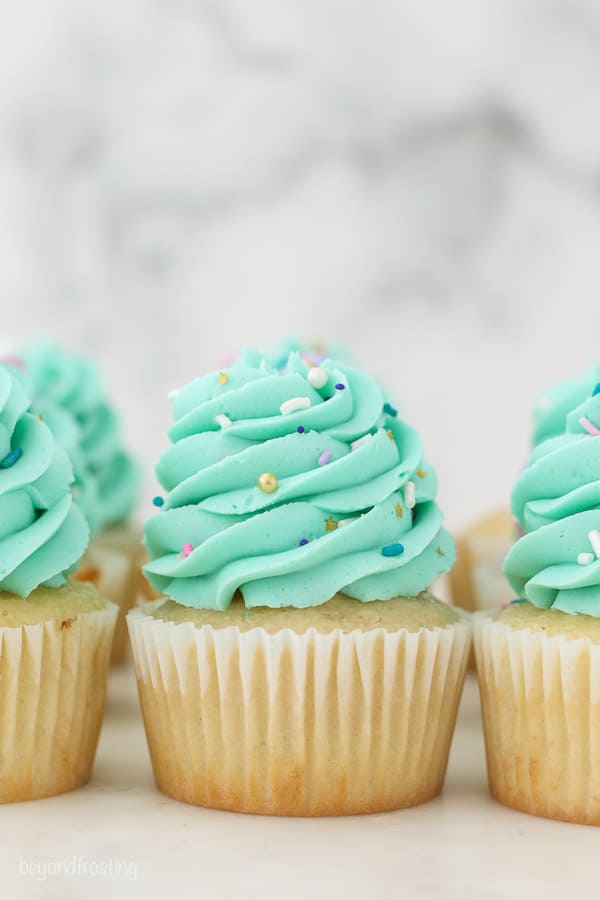 several vanilla cupcakes with teal frosting and sprinkles
