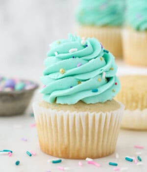 A vanilla cupcake with teal frosting and sprinkles