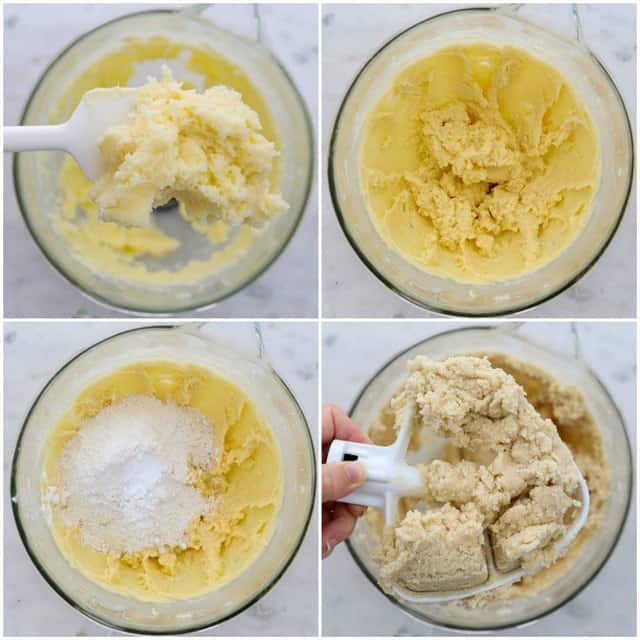 Sugar cookie dough coming together in a mixing bowl. 