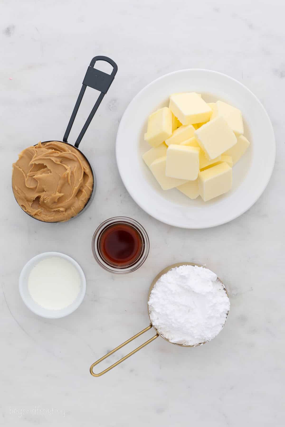 The ingredients for homemade peanut butter frosting.