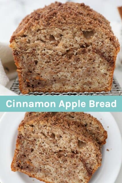 two pictures of apple bread with a text overlay