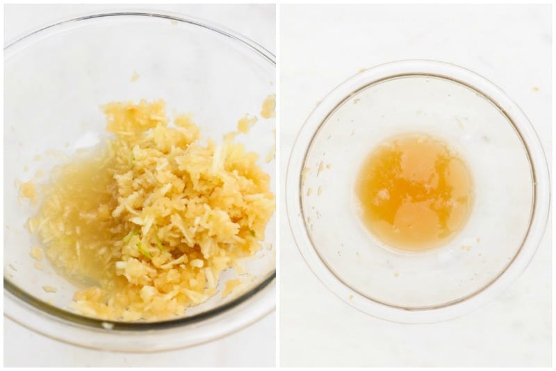 two side by side images showing shredded apples and juice