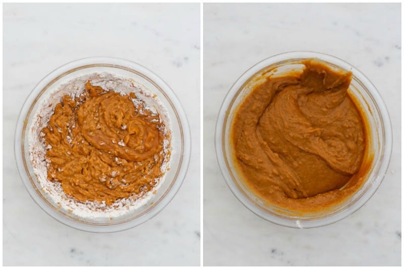 two side by side images of pumpkin muffin batter in a glass mixing bowl