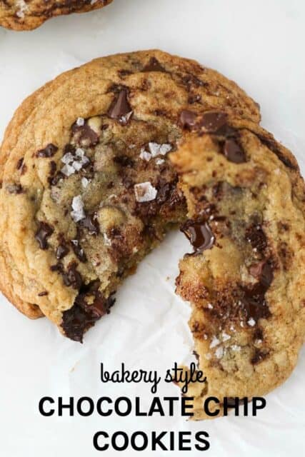 A broken chocolate chip cookie with a text overlay